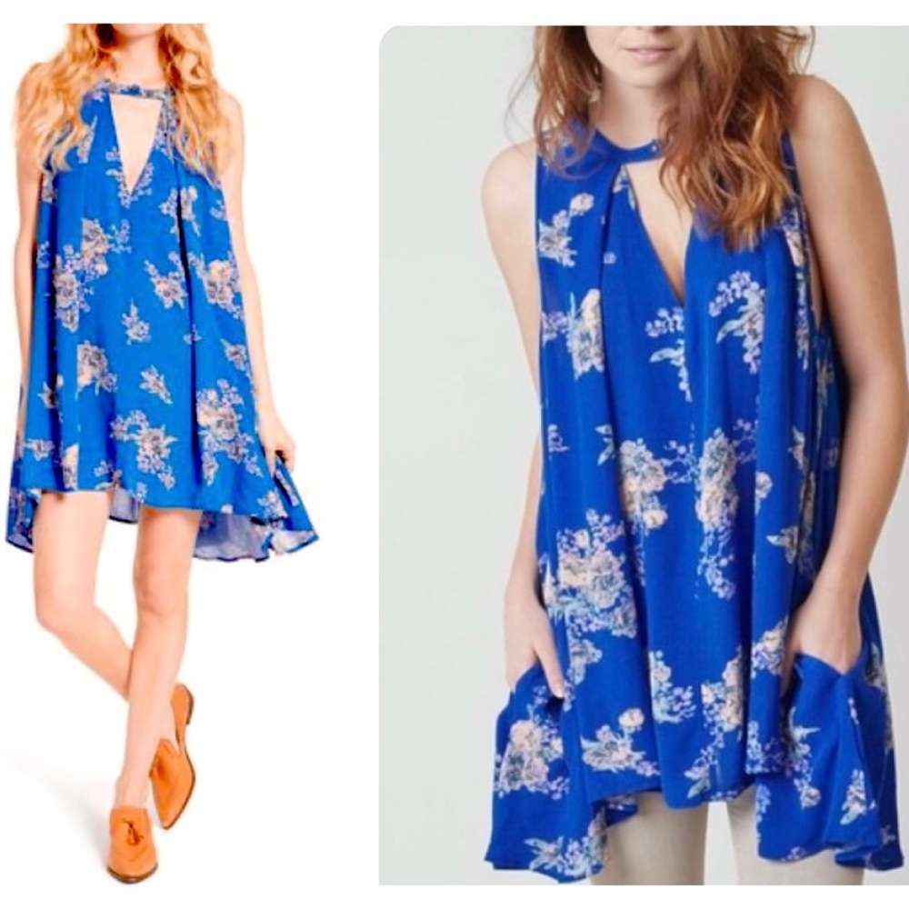 Free People Tree Swing Mini Dress Royal Blue Crepe High Neck Deep V Tunic S